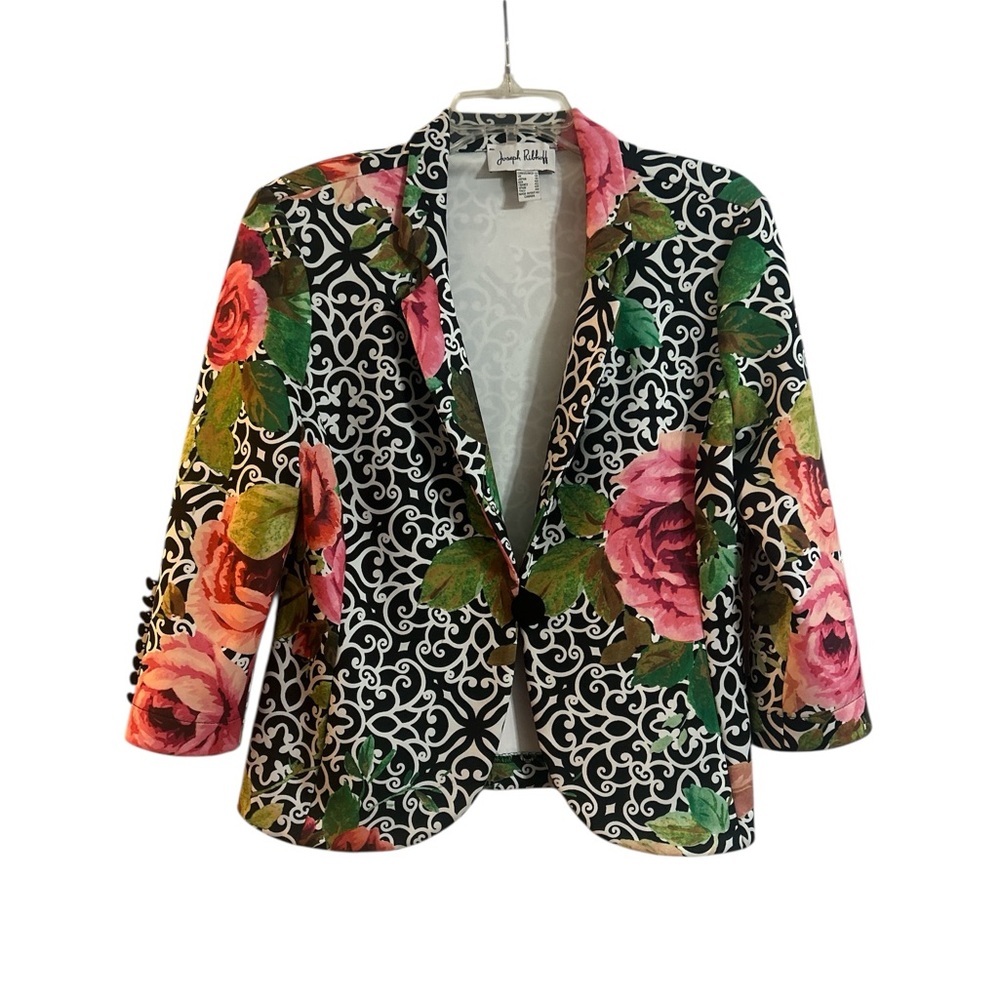 Joseph Ribkoff Fabulous Vintage Black and Pink Rose Blazer Size 12 - Picture 4 of 7